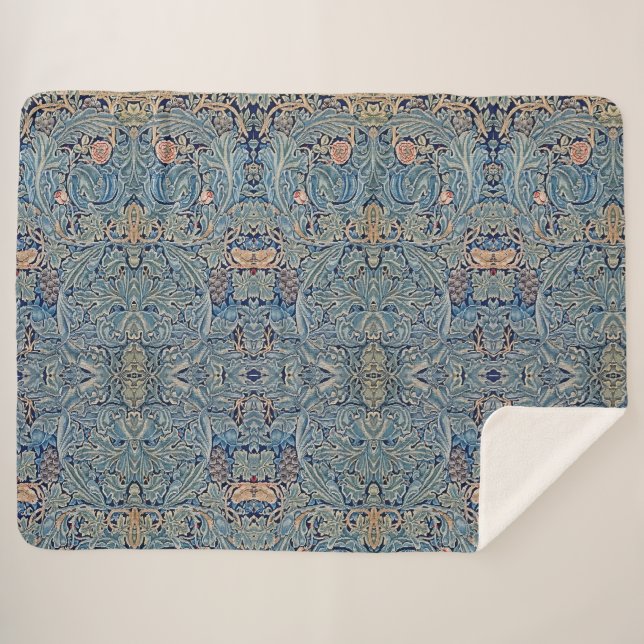 William Morris Beautiful Floral Pattern Blue Pink  Sherpa Blanket (Front (Horizontal))