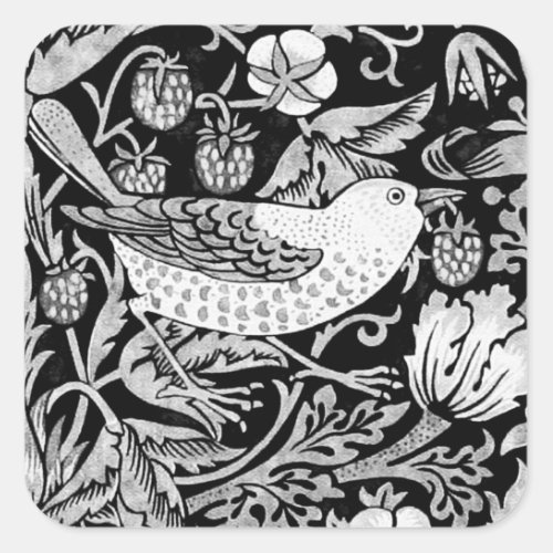 William Morris Bird  Flower Tile Black and White Square Sticker