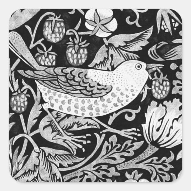 William Morris Bird & Flower Tile, Black and White Square Sticker (Front)