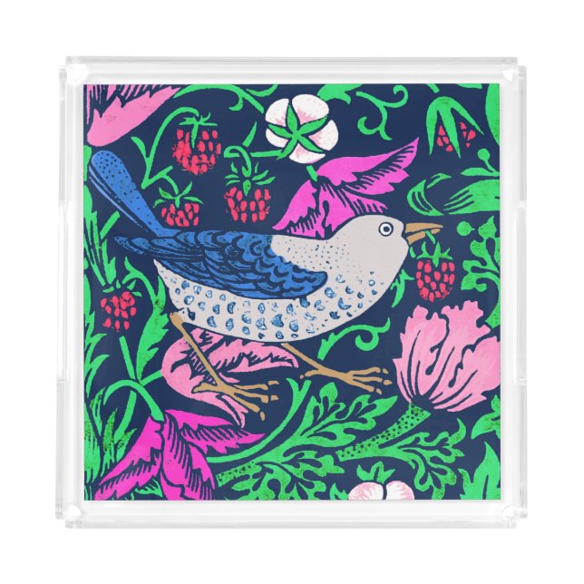 William Morris Bird & Flower Tile, Navy & Fuchsia Acrylic Tray (Front)