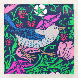 William Morris Bird & Flower Tile, Navy & Fuchsia Glass Coaster