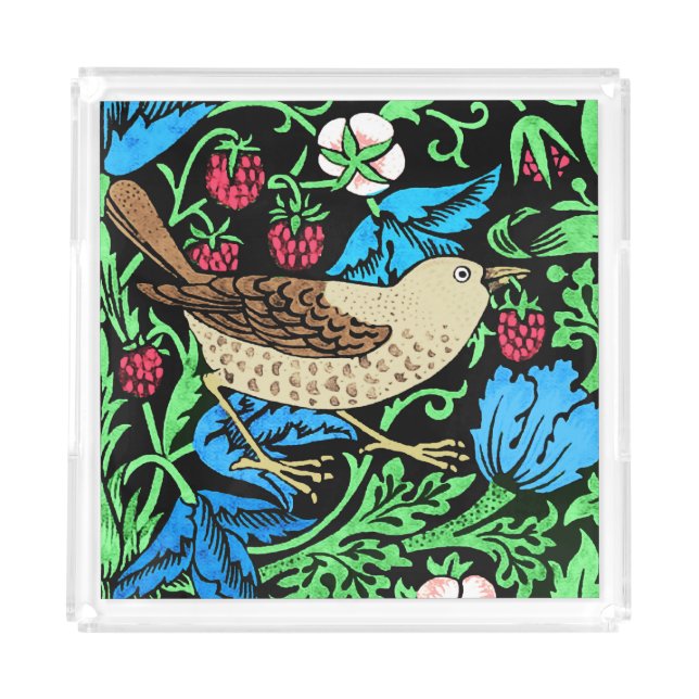 William Morris Bird & Flower Tile, on Black Acrylic Tray (Front)