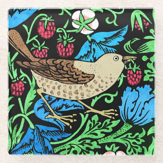 William Morris Bird & Flower Tile, on Black Glass Coaster (Front)