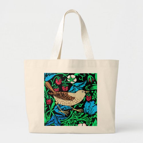 William Morris Bird  Flower Tile on Black Large Tote Bag