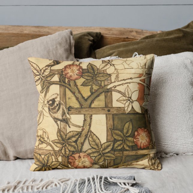 William Morris Bird on Trellis, Earthy Tone Floral Throw Pillow (Creator Uploaded)
