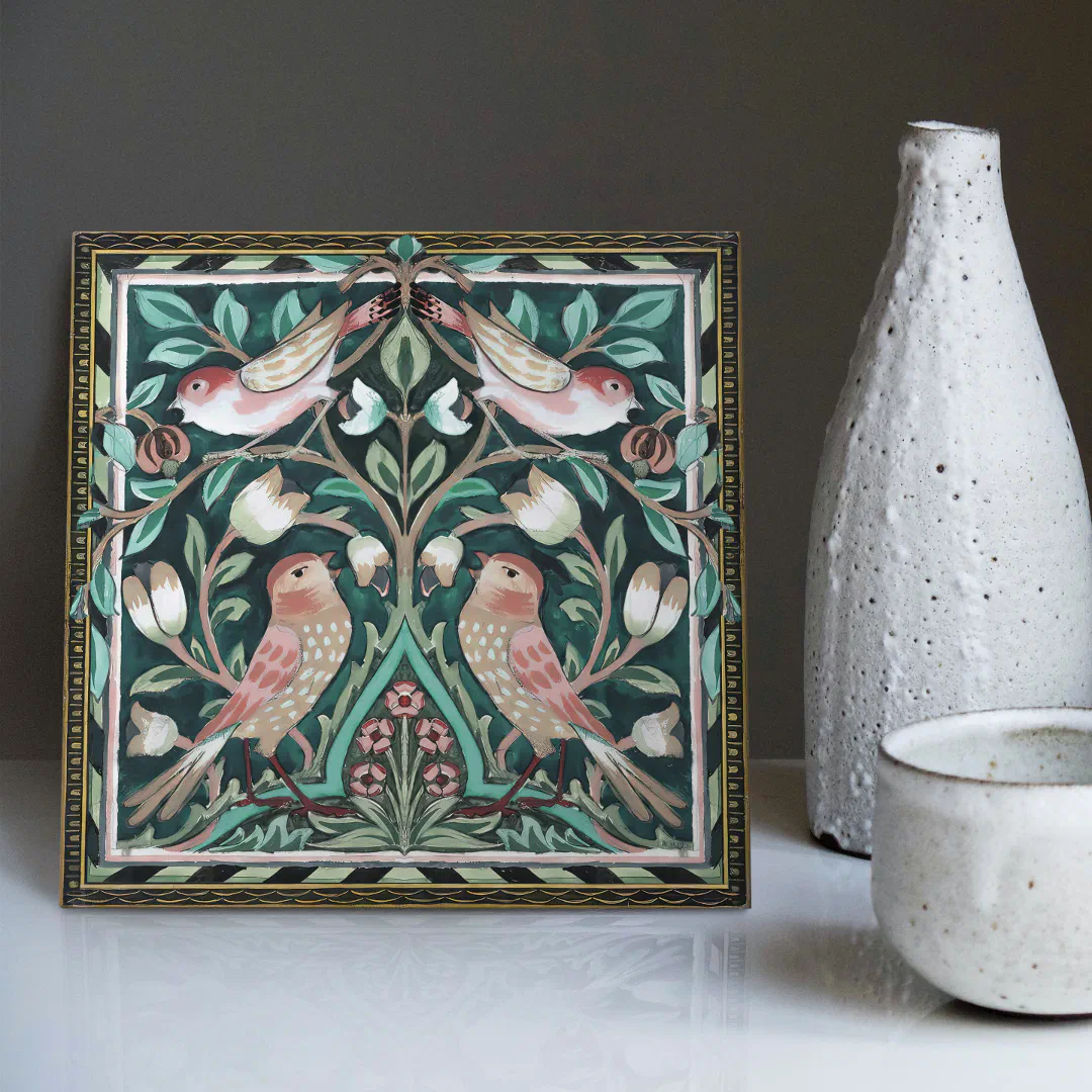 William Morris Birds and Tulips Green Art Nouveau Ceramic Tile (Creator Uploaded)