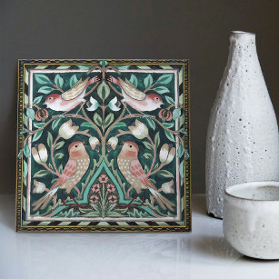 William Morris Birds and Tulips Green Art Nouveau Ceramic Tile