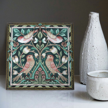 William Morris Birds And Tulips Green Art Nouveau Ceramic Tile