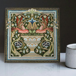 William Morris Birds and Tulips Green Art Nouveau Ceramic Tile