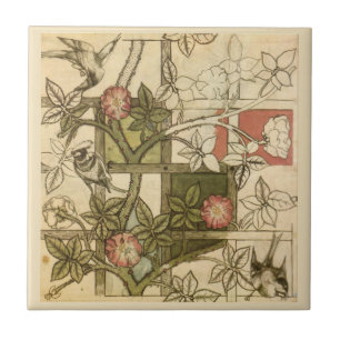 William * Morris Birds Trellis Vines Olive Beige Ceramic Tile