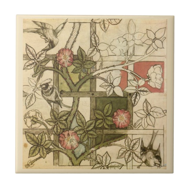 William * Morris  Birds Trellis Vines Olive Beige  Ceramic Tile (Front)