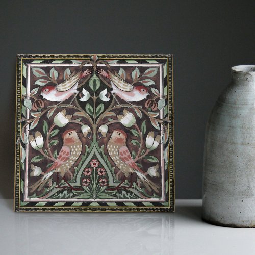 William Morris Birds Tulips Terracotta Art Nouveau Ceramic Tile