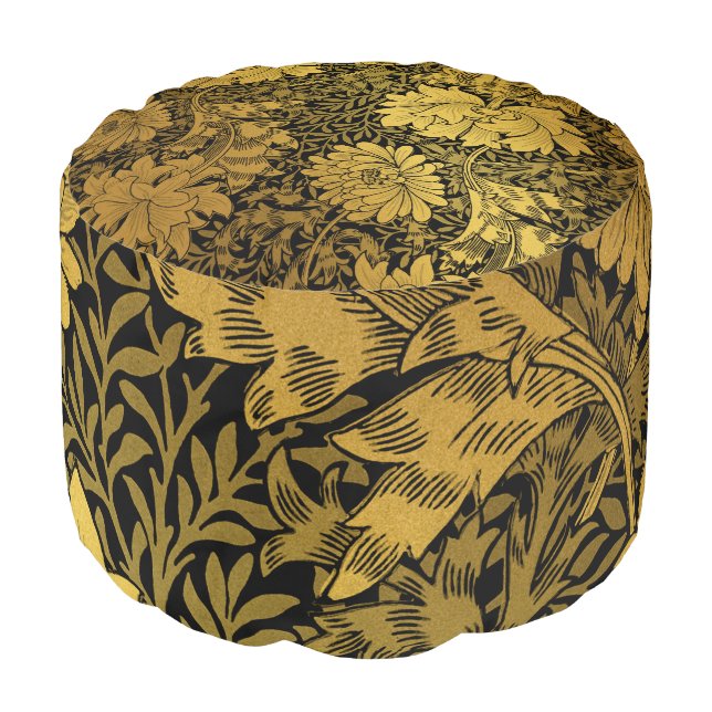 William Morris Black And Gold Floral Pattern Pouf (Angled Front)