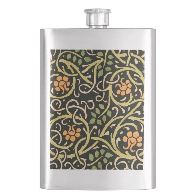 William Morris Black Floral Art Print Design Hip Flask (Front)