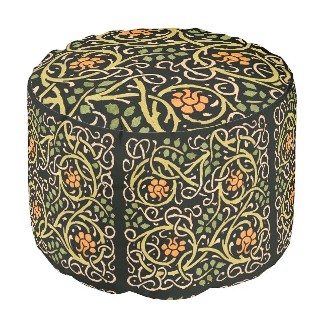 William Morris Black Floral Art Print Design Pouf (Angled Front)