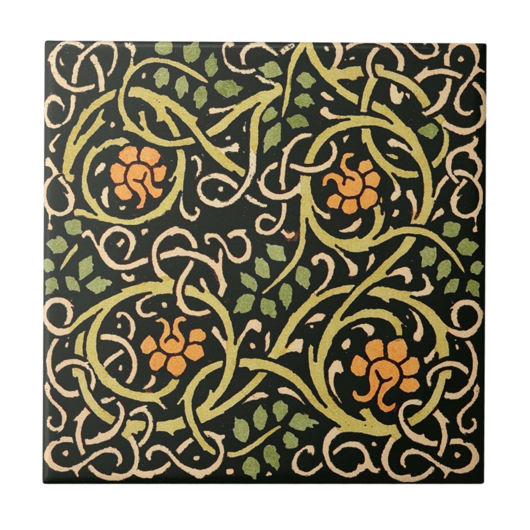 William Morris Black Floral Art Print Design Tile | Zazzle