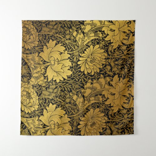 William Morris Black  Gold Chrysanthemum Floral  Tapestry