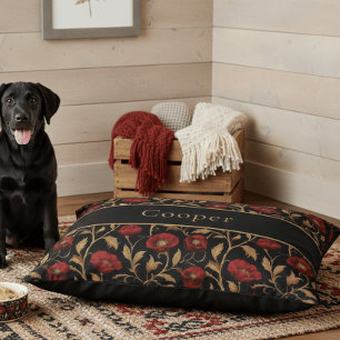 William Morris Black Red Poppy Floral Name Pet Bed