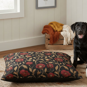 William Morris Black Red Poppy Floral Pet Bed