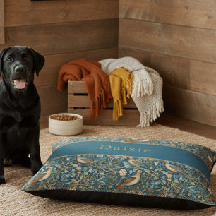 William Morris Black Teal Bird Floral Name Pet Bed