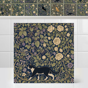 William Morris Black White Cat Baseline Canopy Bow Ceramic Tile