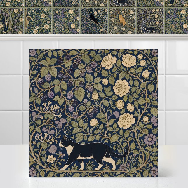 William Morris Black White Cat Baseline Canopy Bow Ceramic Tile (Antique Art Nouveau Pattern William Morris Black White Cat Baseline Canopy Bow Ceramic Tile Mural)