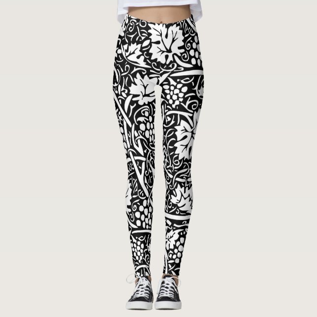William Morris Black White Grape Vine Pattern Leggings (Front)