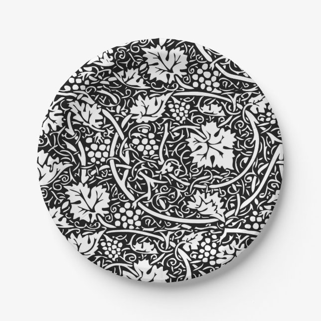 William Morris Black White Grape Vine Pattern Paper Plates (Front)