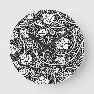 William Morris Black White Grape Vine Pattern Round Clock