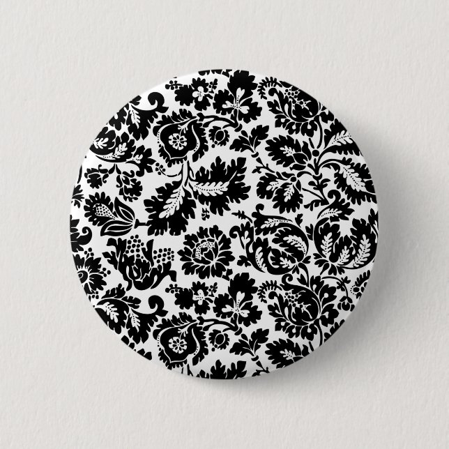 William Morris Black White Venetian Floral Pattern Button (Front)
