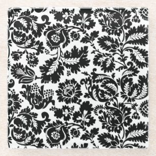 William Morris Black White Venetian Floral Pattern Glass Coaster
