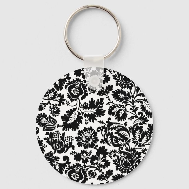 William Morris Black White Venetian Floral Pattern Keychain (Front)