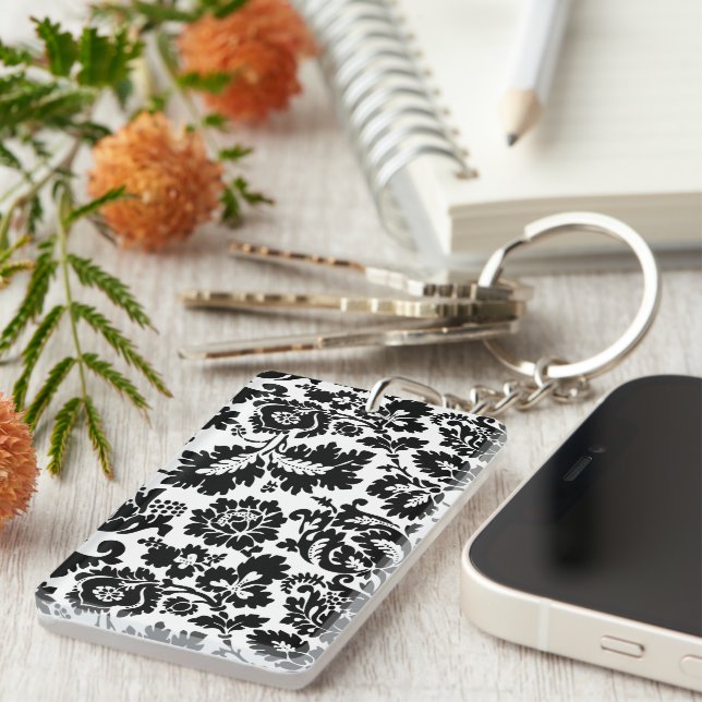 William Morris Black White Venetian Floral Pattern Keychain (Front Right)