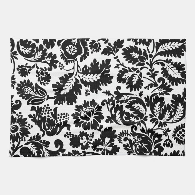 William Morris Black White Venetian Floral Pattern Kitchen Towel (Horizontal)