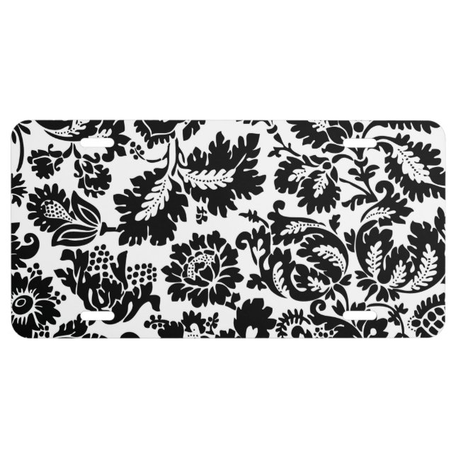 William Morris Black White Venetian Floral Pattern License Plate (Front)