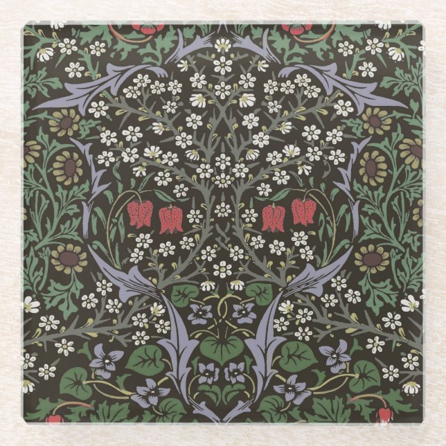 William Morris Blackthorn Tapestry Floral Glass Coaster (Front)