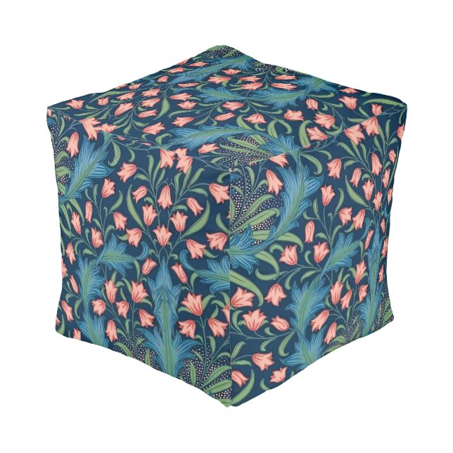 William Morris Blue and Pink Floral Pattern Pouf (Angled Back)
