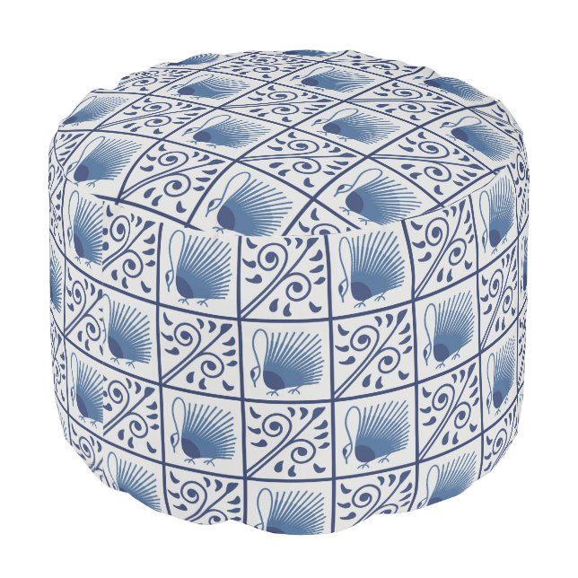 William Morris Blue Art Nouveau Peacock Pouf (Angled Back)