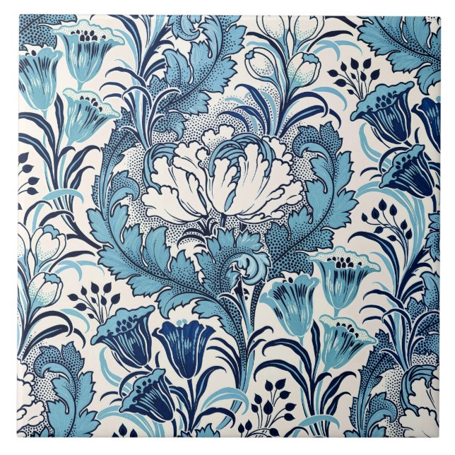 William Morris Blue Cream Floral Pattern Ceramic Tile (Front)