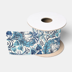 William Morris Blue Cream Floral Pattern Satin Ribbon