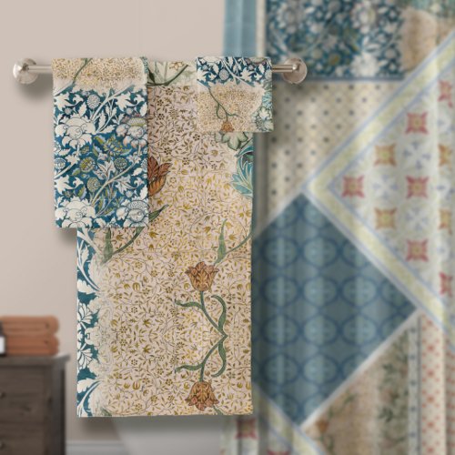 William Morris Blue Floral Vintage Collage Art Bath Towel Set