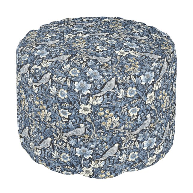 William Morris Blue Foliage Pattern Wallpaper Pouf (Angled Back)