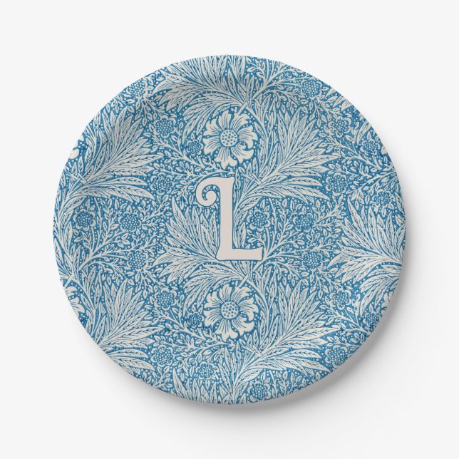 William Morris Blue Marigold Monogram Paper Plates (Front)