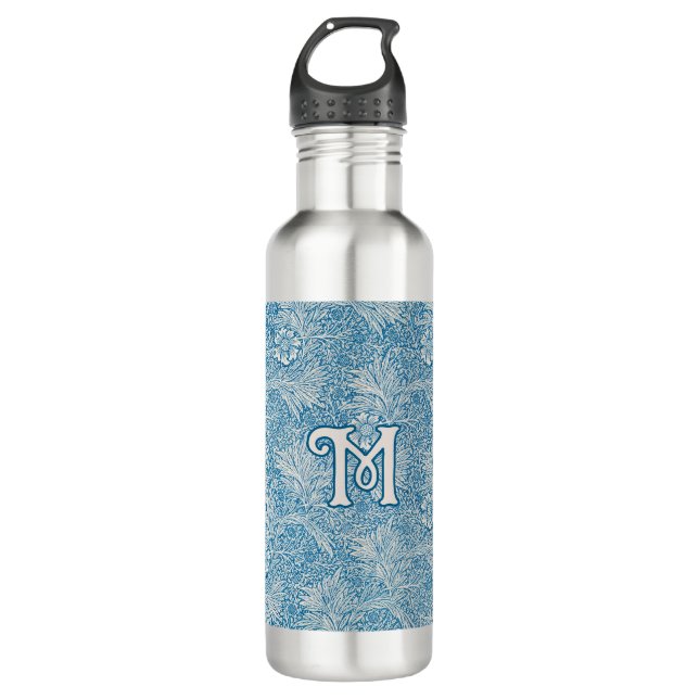 William Morris Blue Marigold Monogram Stainless Steel Water Bottle (Front)