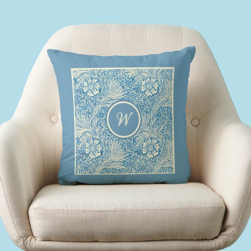 William Morris Blue Marigold Pattern with Initial Throw Pillow