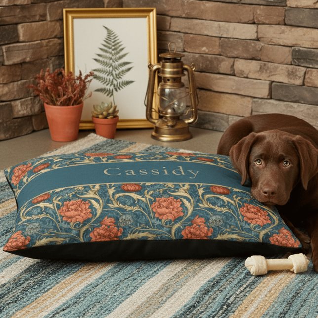 William Morris Blue Red Arts Crafts Floral Name Pet Bed (Creator Uploaded)