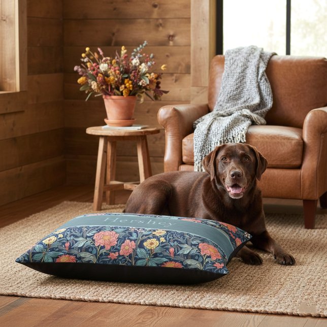 William Morris Blue Teal Arts & Crafts Floral Name Pet Bed (Creator Uploaded)