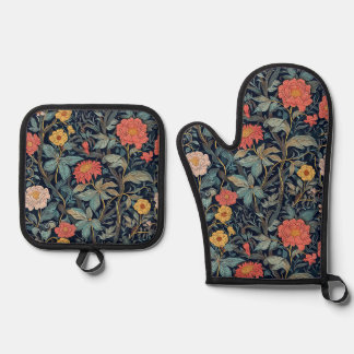 William Morris Blue Teal Arts & Crafts Floral Oven Mitt & Pot Holder Set