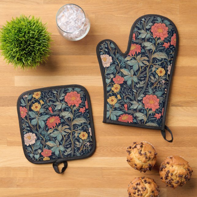 William Morris Blue Teal Arts & Crafts Floral Oven Mitt & Pot Holder Set (Top Down)