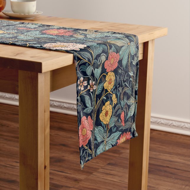 William Morris Blue Teal Arts & Crafts Floral Short Table Runner (In Situ)